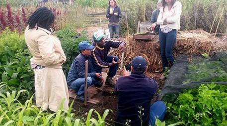 Sammy Kangethe, an intern from Kenya, teaches visitors at the Golden Rule Mini-Farm.